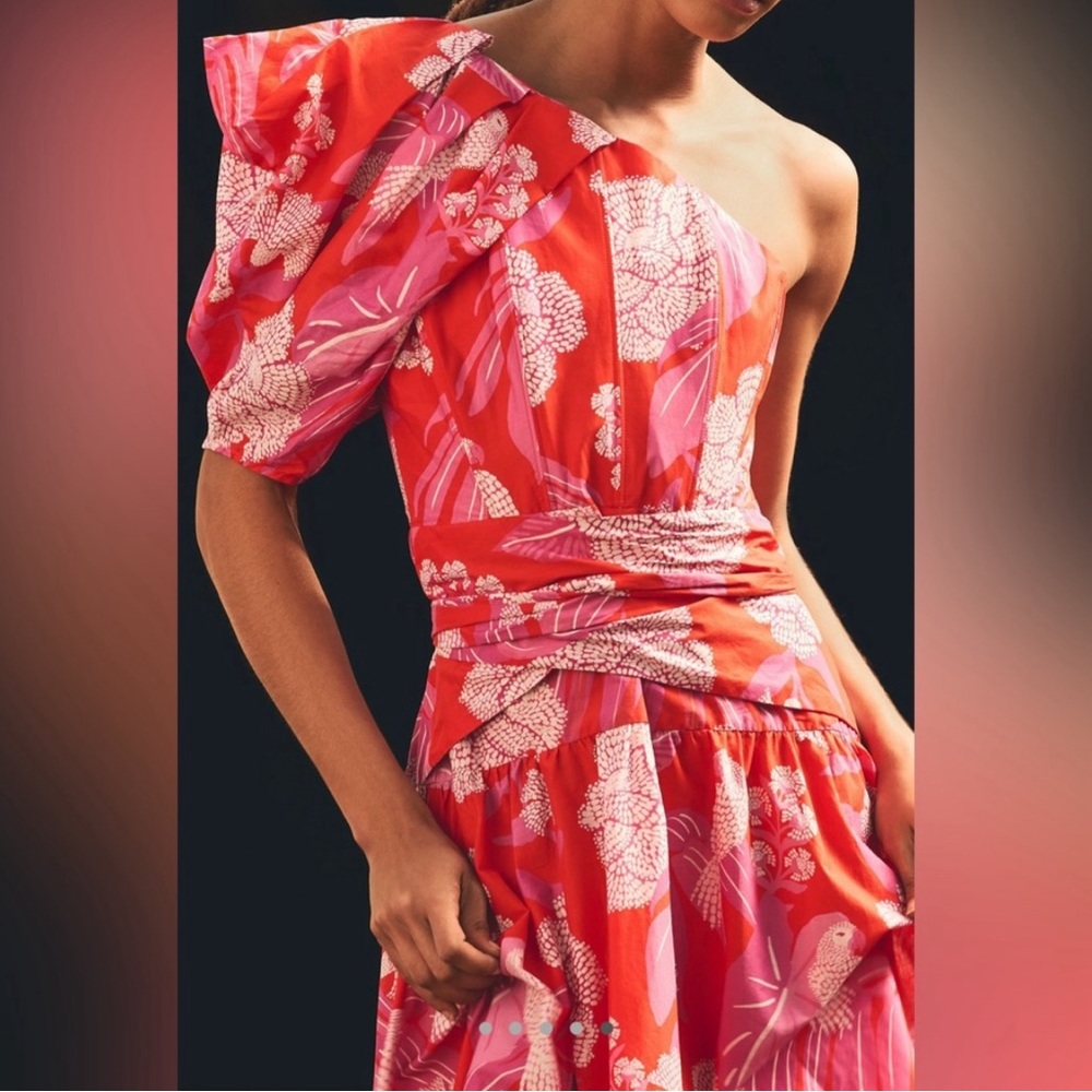 Farm Rio Red Dewdrop One-Shoulder Midi Dress Anthropologie